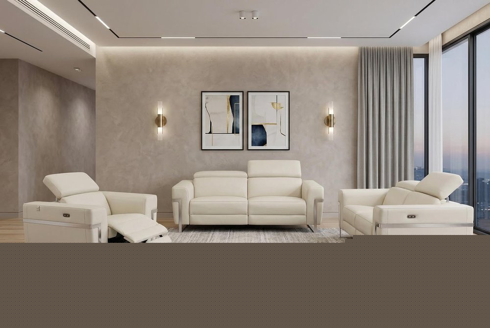 Three Piece Indoor Beige Italian Leather Six Person Seating Set