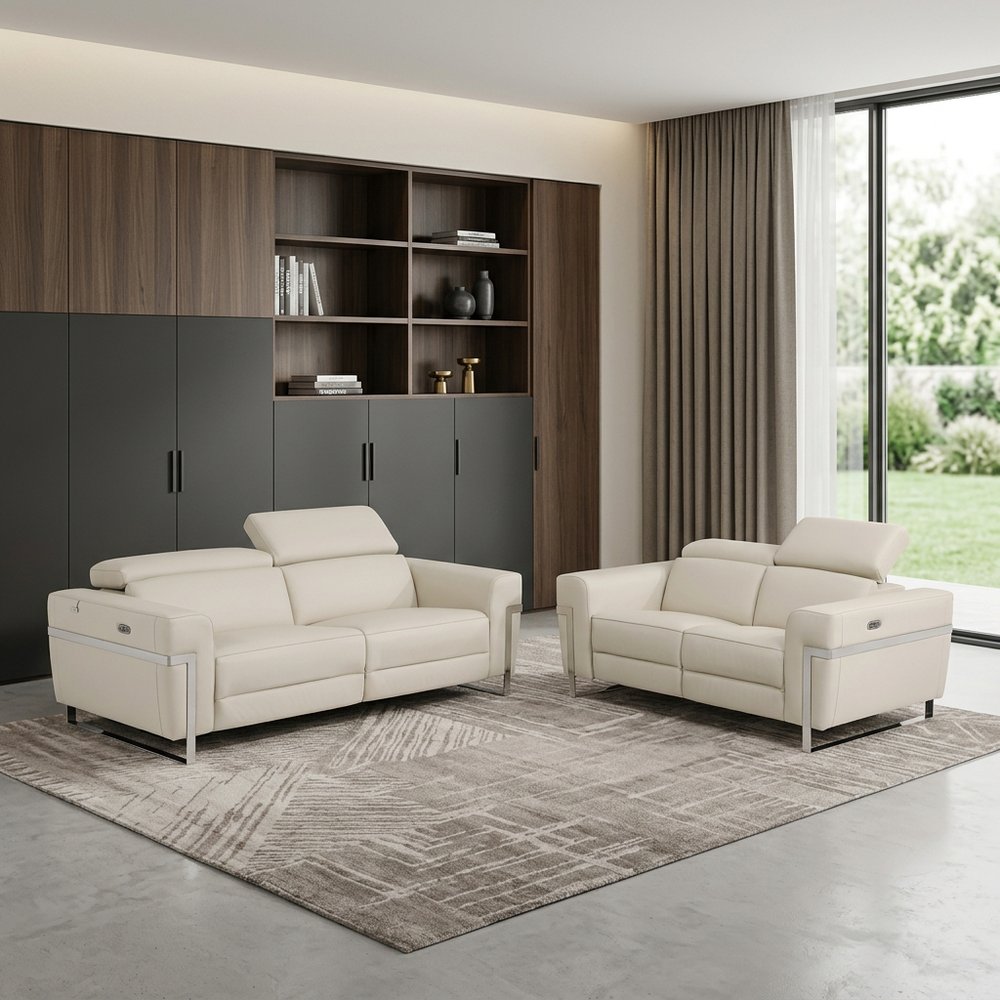 Two Piece Indoor Beige Italian Leather Five Person Seating Set