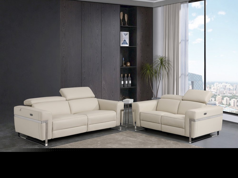 Two Piece Indoor Beige Italian Leather Five Person Seating Set