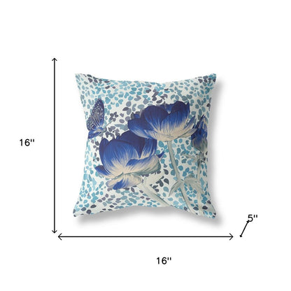 16" x 16" Blue and White Butterfly Blown Seam Floral Indoor Outdoor Throw Pillow