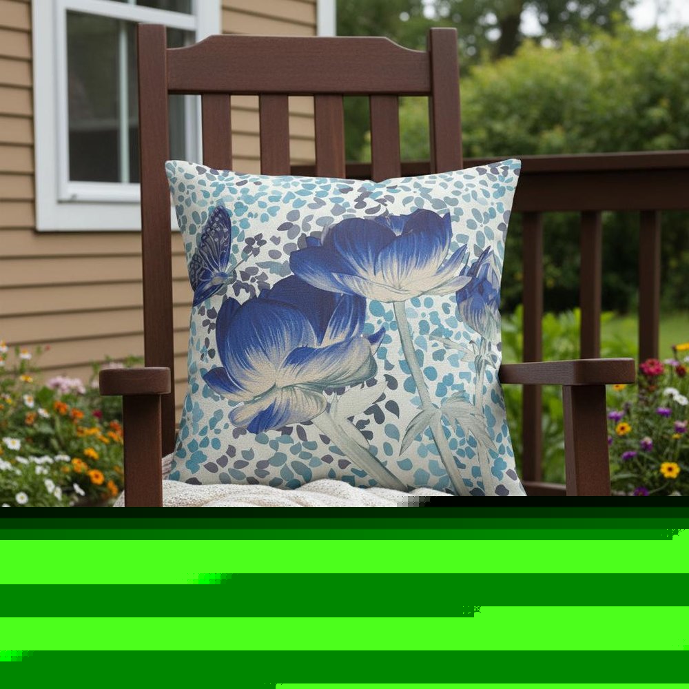 16" x 16" Blue and White Butterfly Blown Seam Floral Indoor Outdoor Throw Pillow