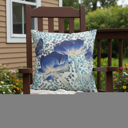 16" x 16" Blue and White Butterfly Blown Seam Floral Indoor Outdoor Throw Pillow