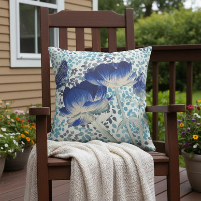 16" x 16" Blue and White Butterfly Blown Seam Floral Indoor Outdoor Throw Pillow