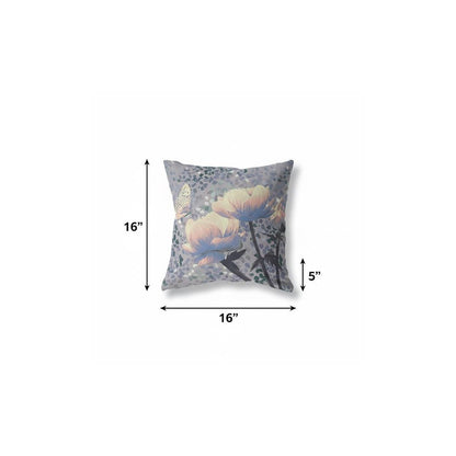 16" X 16" Black and Yellow Butterfly Blown Seam Floral Indoor Outdoor Throw Pillow