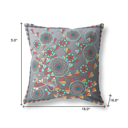 16" x 16" Gray Peacock Blown Seam Floral Indoor Outdoor Throw Pillow