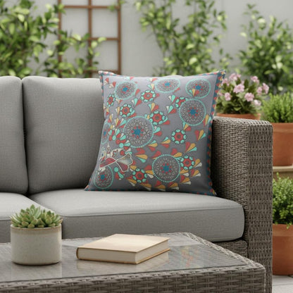 16" x 16" Gray Peacock Blown Seam Floral Indoor Outdoor Throw Pillow