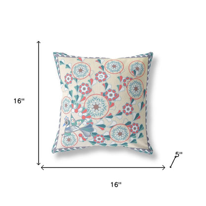 16" x 16" Off White Peacock Blown Seam Floral Indoor Outdoor Throw Pillow