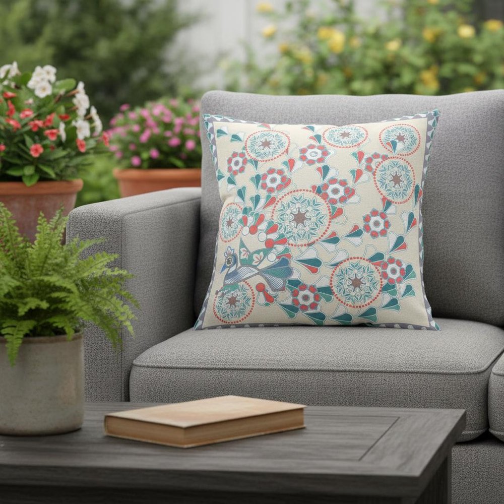 16" x 16" Off White Peacock Blown Seam Floral Indoor Outdoor Throw Pillow