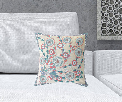 16" x 16" Off White Peacock Blown Seam Floral Indoor Outdoor Throw Pillow