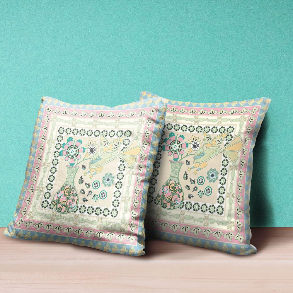 16" x 16" Blue and Beige Peacock Blown Seam Floral Indoor Outdoor Throw Pillow