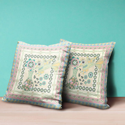 16" x 16" Blue and Beige Peacock Blown Seam Floral Indoor Outdoor Throw Pillow