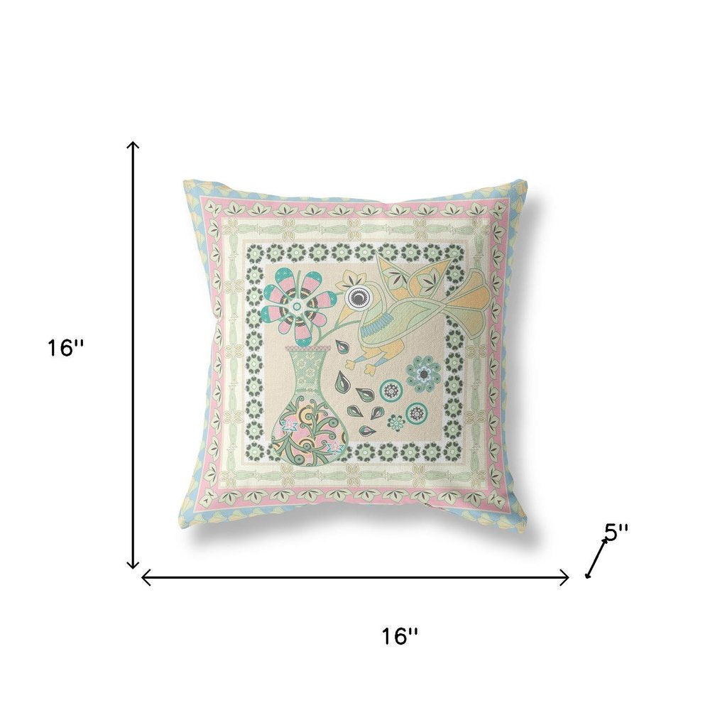 16" x 16" Blue and Beige Peacock Blown Seam Floral Indoor Outdoor Throw Pillow