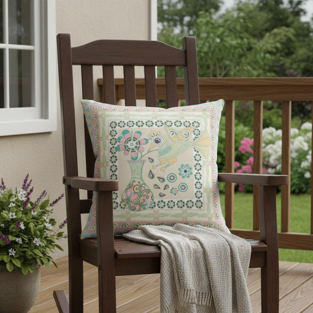 16" x 16" Blue and Beige Peacock Blown Seam Floral Indoor Outdoor Throw Pillow