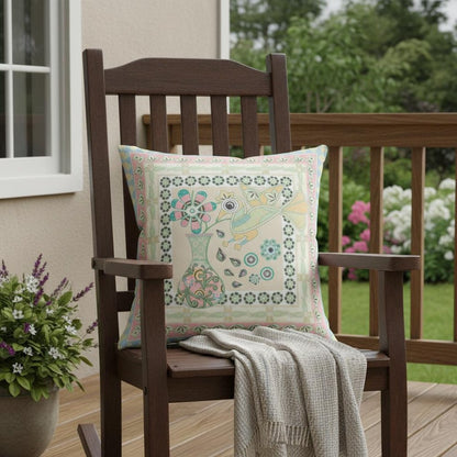 16" x 16" Blue and Beige Peacock Blown Seam Floral Indoor Outdoor Throw Pillow