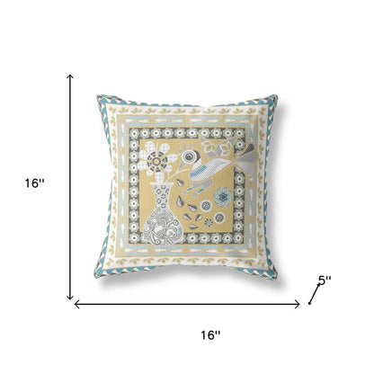 16" x 16" Beige and White Peacock Blown Seam Floral Indoor Outdoor Throw Pillow