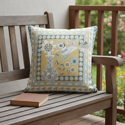 16" x 16" Beige and White Peacock Blown Seam Floral Indoor Outdoor Throw Pillow