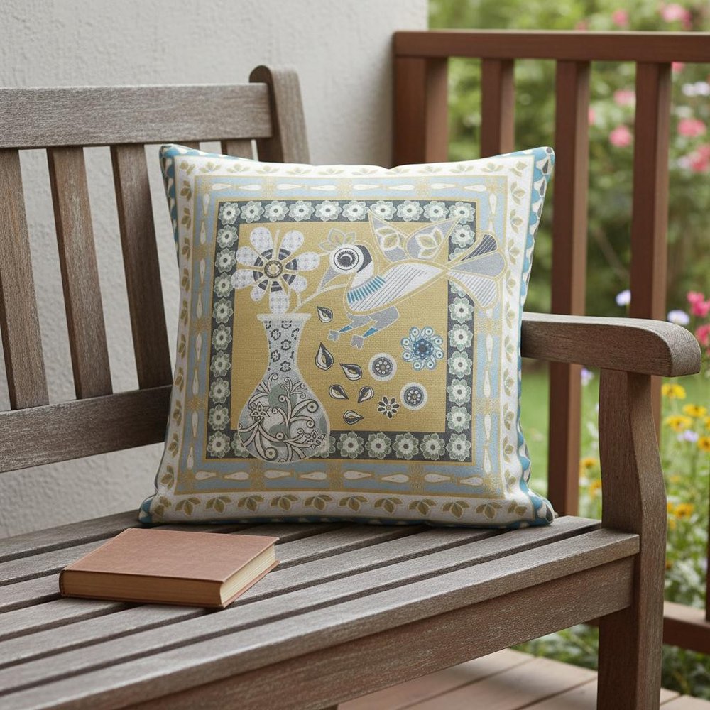16" x 16" Beige and White Peacock Blown Seam Floral Indoor Outdoor Throw Pillow