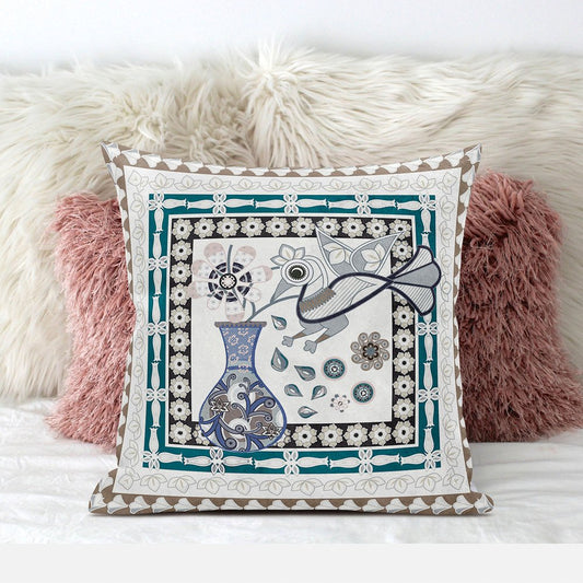 16" x 16" Off White Peacock Blown Seam Floral Indoor Outdoor Throw Pillow