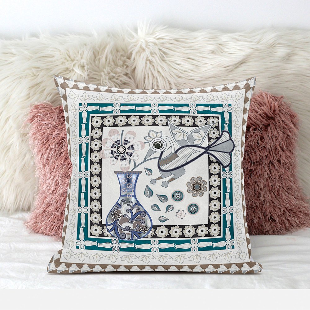 16" x 16" Off White Peacock Blown Seam Floral Indoor Outdoor Throw Pillow