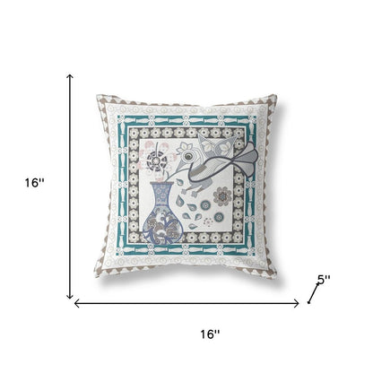 16" x 16" Off White Peacock Blown Seam Floral Indoor Outdoor Throw Pillow