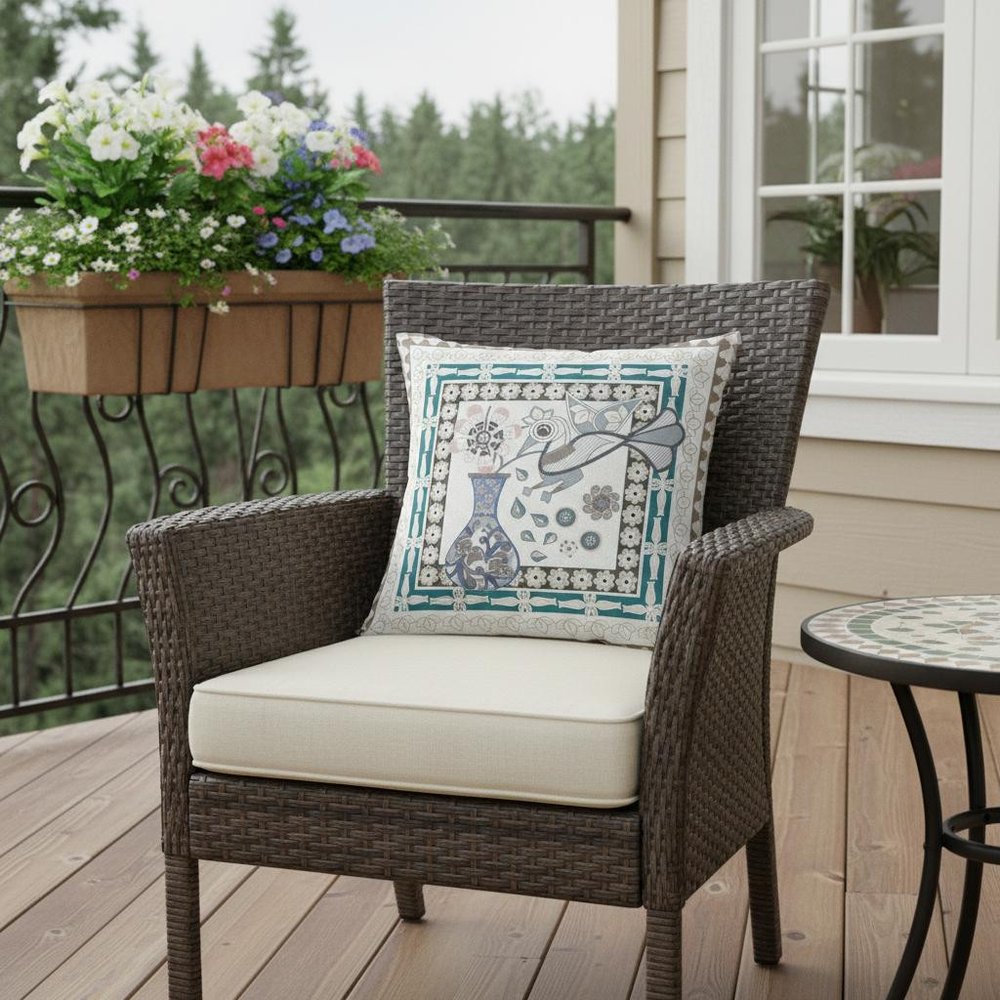 16" x 16" Off White Peacock Blown Seam Floral Indoor Outdoor Throw Pillow