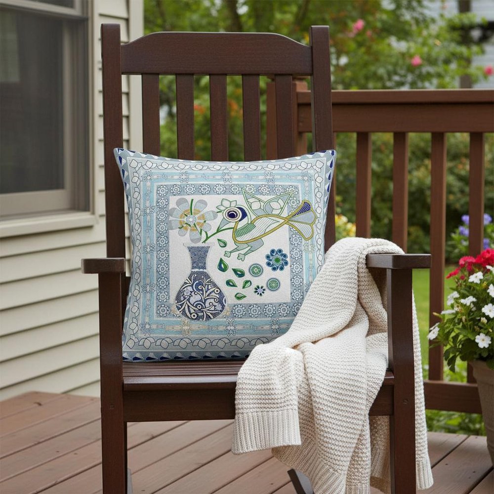 16" X 16" White And Grey Bird Blown Seam Abstract Indoor Outdoor Throw Pillow