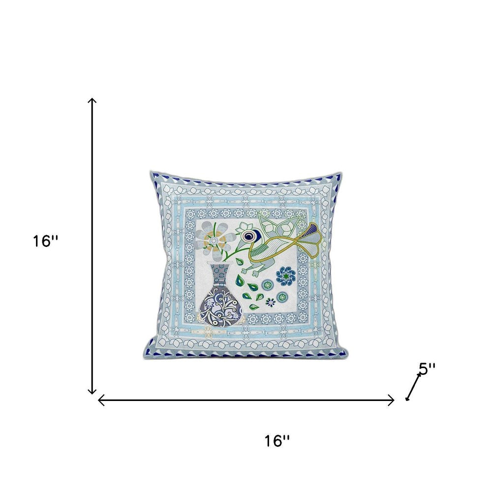 16" X 16" White And Grey Bird Blown Seam Abstract Indoor Outdoor Throw Pillow