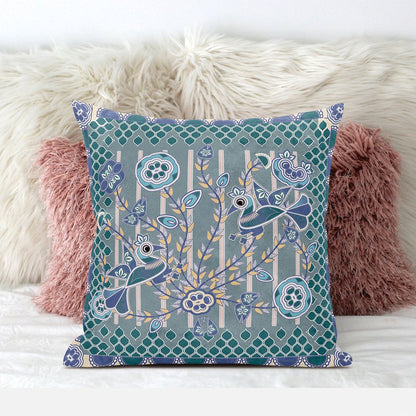 16" x 16" Blue and Gray Bird Blown Seam Floral Indoor Outdoor Throw Pillow