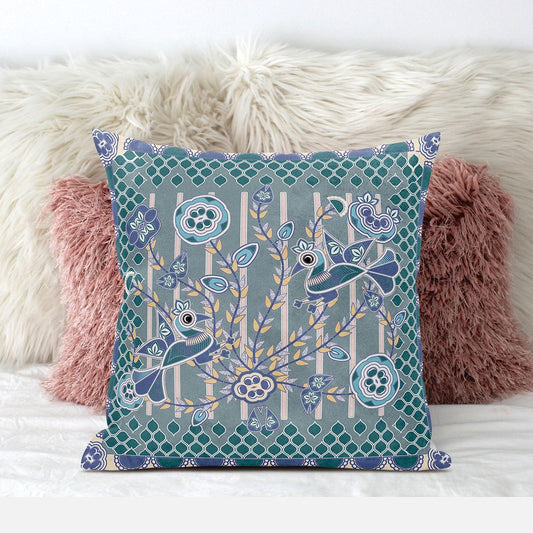 16" x 16" Blue and Gray Bird Blown Seam Floral Indoor Outdoor Throw Pillow