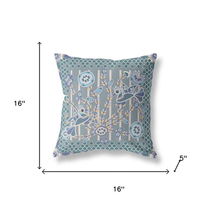 16" x 16" Blue and Gray Bird Blown Seam Floral Indoor Outdoor Throw Pillow