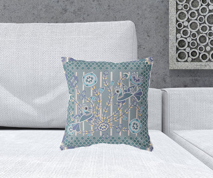 16" x 16" Blue and Gray Bird Blown Seam Floral Indoor Outdoor Throw Pillow