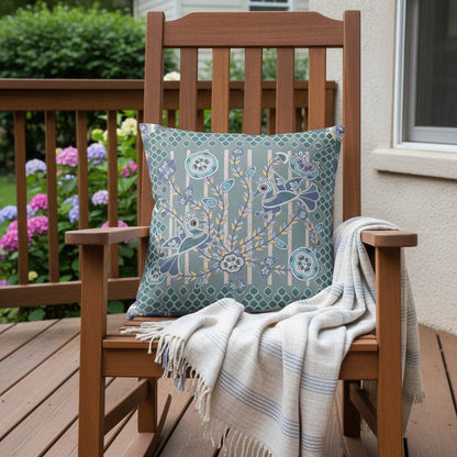 16" x 16" Blue and Gray Bird Blown Seam Floral Indoor Outdoor Throw Pillow