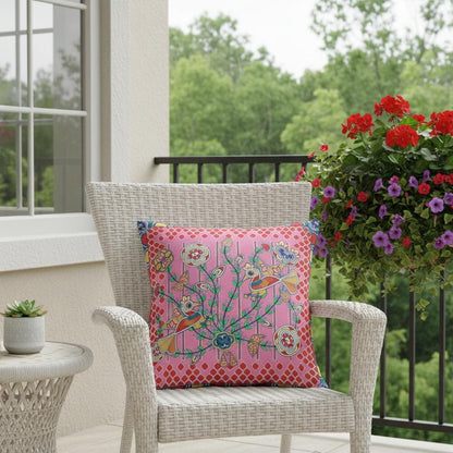 16" x 16" Pink Peacock Blown Seam Floral Indoor Outdoor Throw Pillow