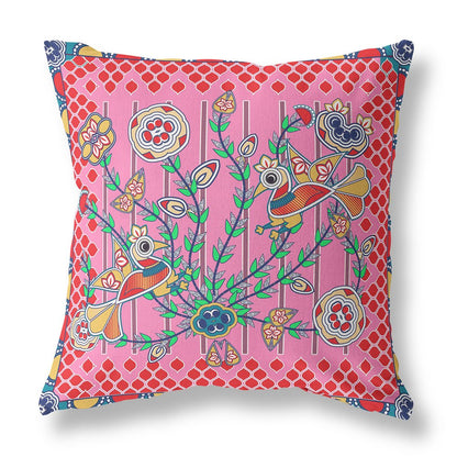 16" x 16" Pink Peacock Blown Seam Floral Indoor Outdoor Throw Pillow