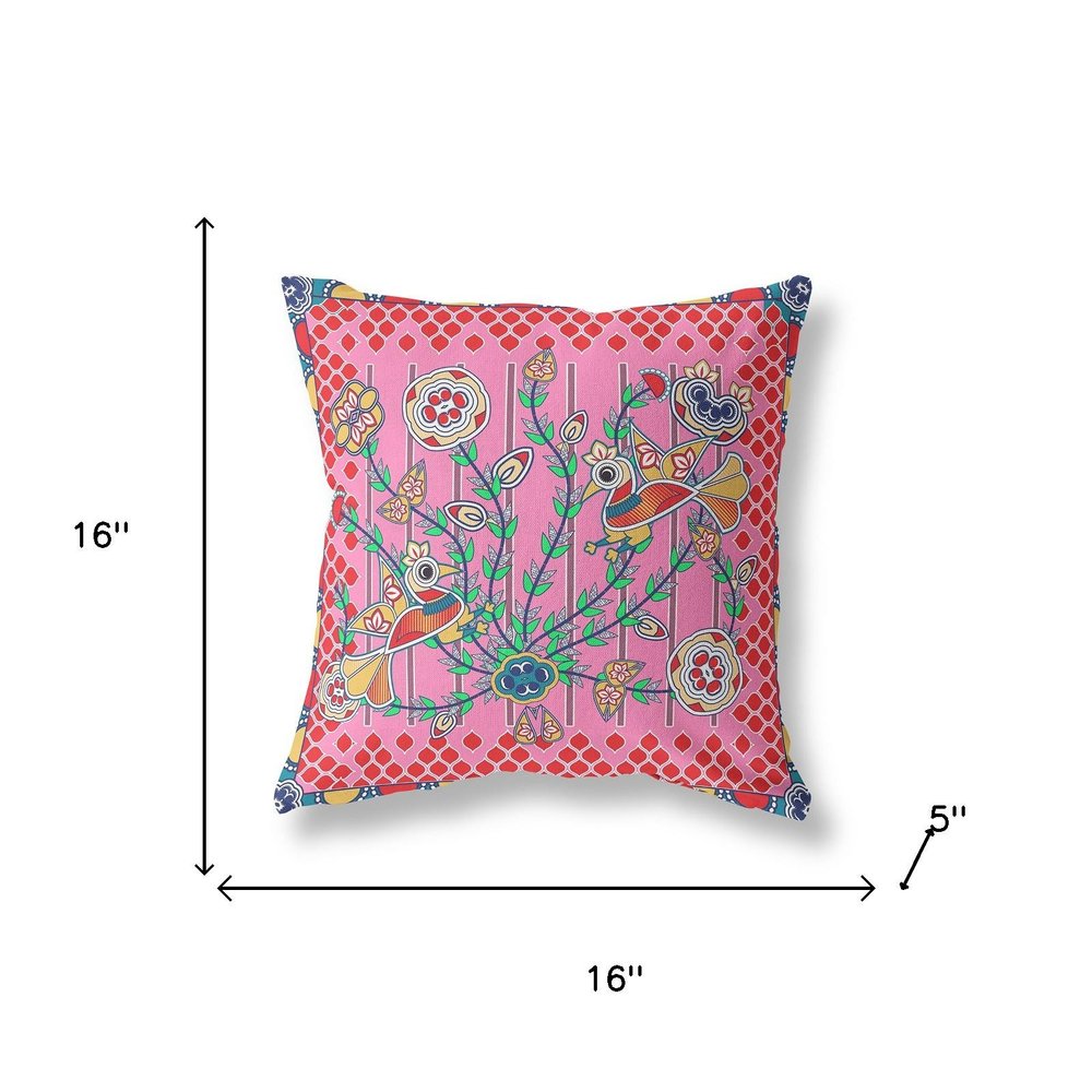 16" x 16" Pink Peacock Blown Seam Floral Indoor Outdoor Throw Pillow