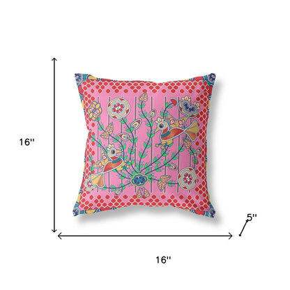16" x 16" Pink Peacock Blown Seam Floral Indoor Outdoor Throw Pillow