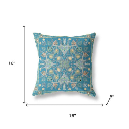 16" X 16" Aqua And Gold Blown Seam Floral Indoor Outdoor Throw Pillow