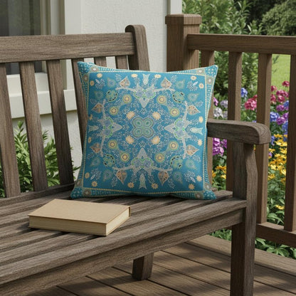 16" X 16" Aqua And Gold Blown Seam Floral Indoor Outdoor Throw Pillow