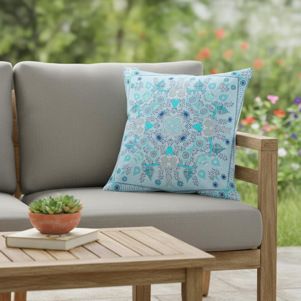 16" X 16" Light Grey Blown Seam Floral Indoor Outdoor Throw Pillow
