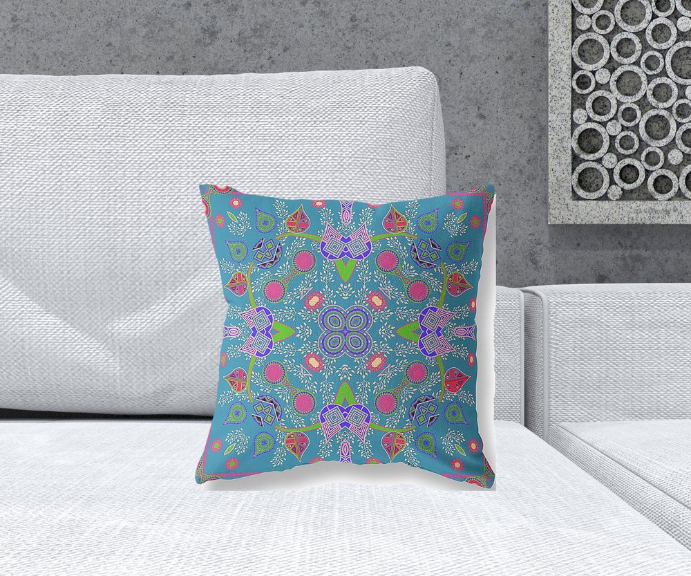 16" x 16" Blue and Green Blown Seam Paisley Indoor Outdoor Throw Pillow