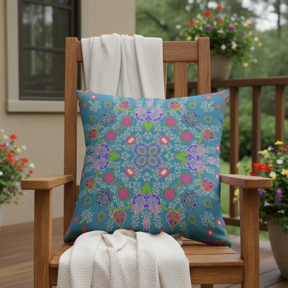 16" x 16" Blue and Green Blown Seam Paisley Indoor Outdoor Throw Pillow