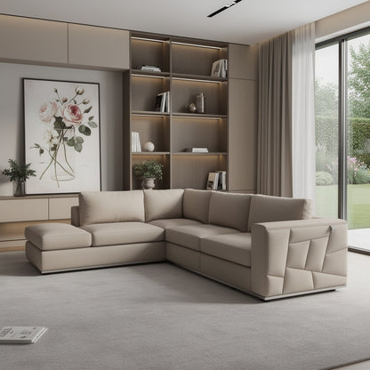 Beige Italian Leather Reclining L Shaped Two Piece Corner Sectional