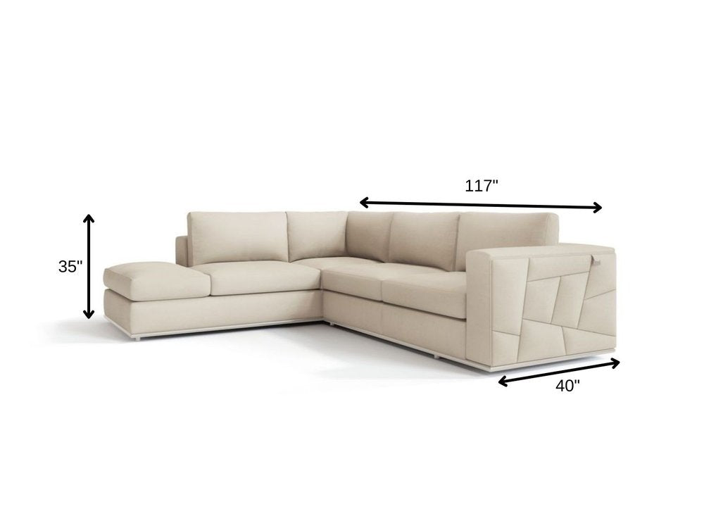 Beige Italian Leather Reclining L Shaped Two Piece Corner Sectional