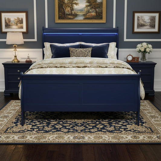 Blue Upholstered Queen Bed Frame With No