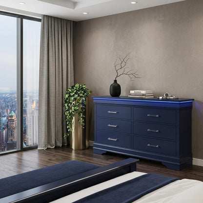 59" Blue Solid Wood Lighted Six Drawer Double Dresser