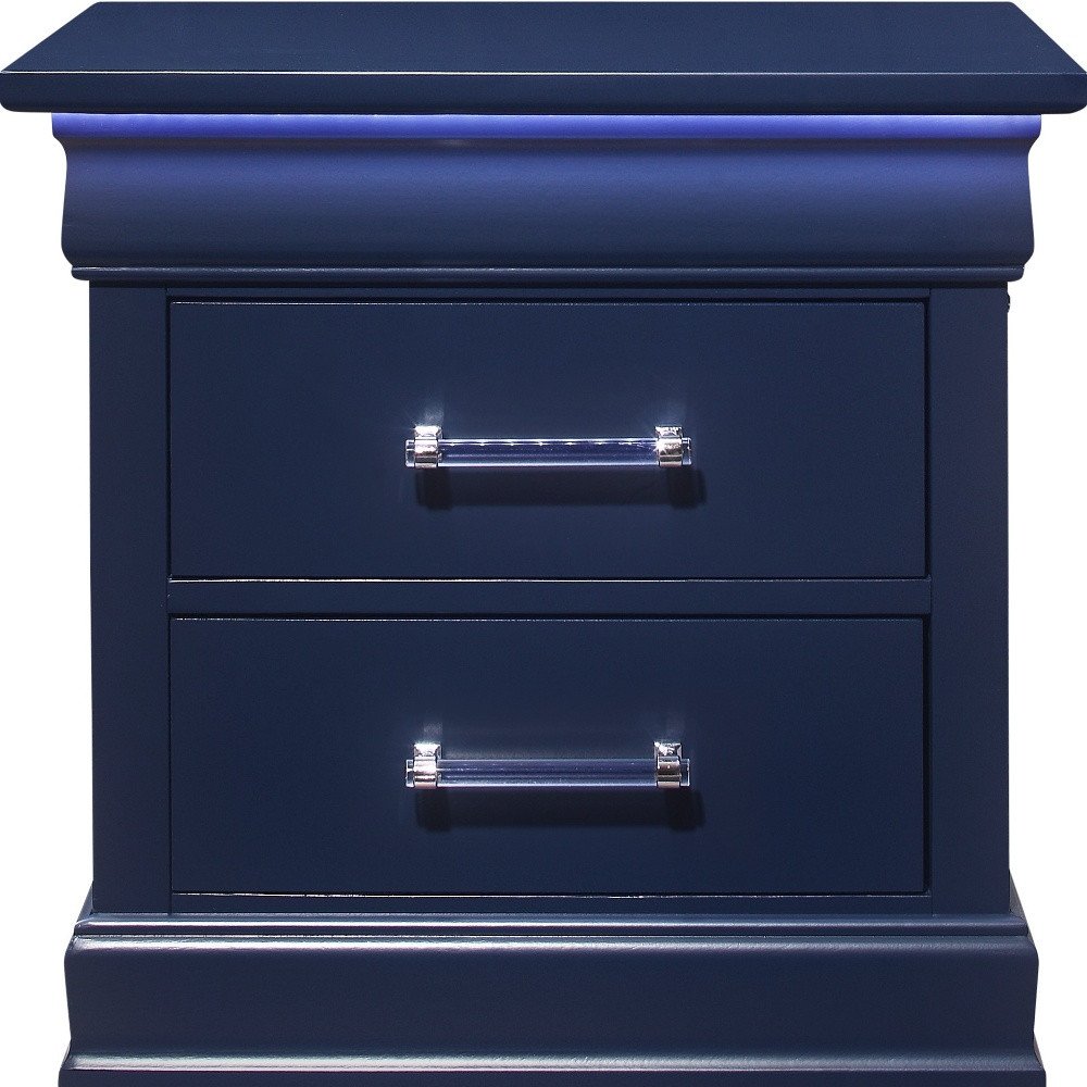24" Blue Wood Lighted Two Drawer Nightstand