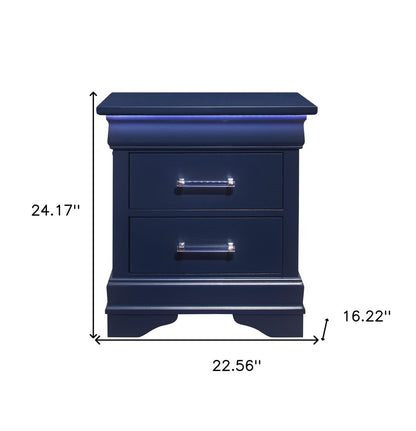 24" Blue Wood Lighted Two Drawer Nightstand