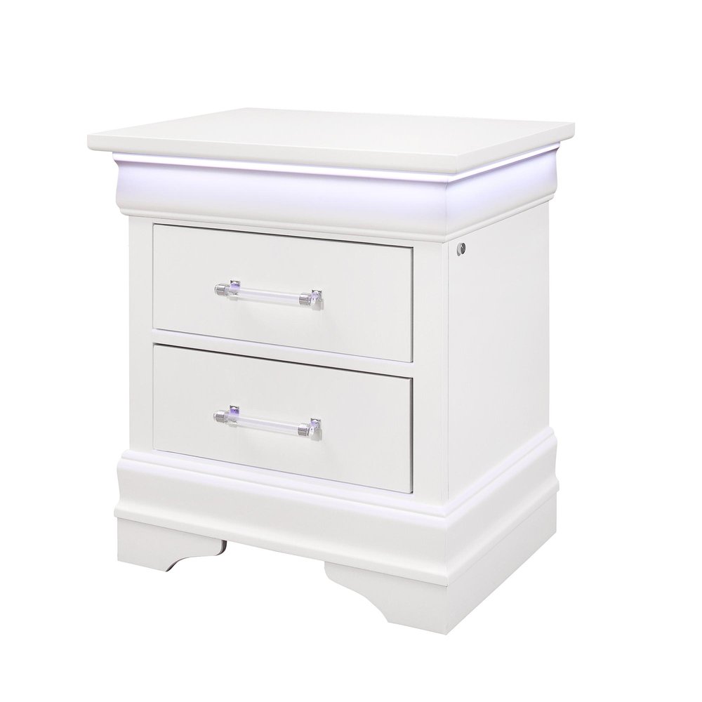 24" White Wood Lighted Two Drawer Nightstand