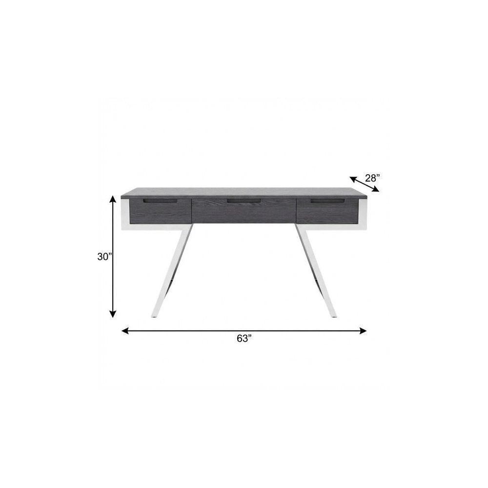 63" Gray and Silver Writing Desk With Three Drawers