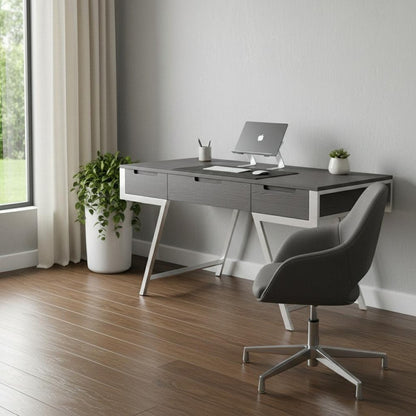 63" Gray and Silver Writing Desk With Three Drawers